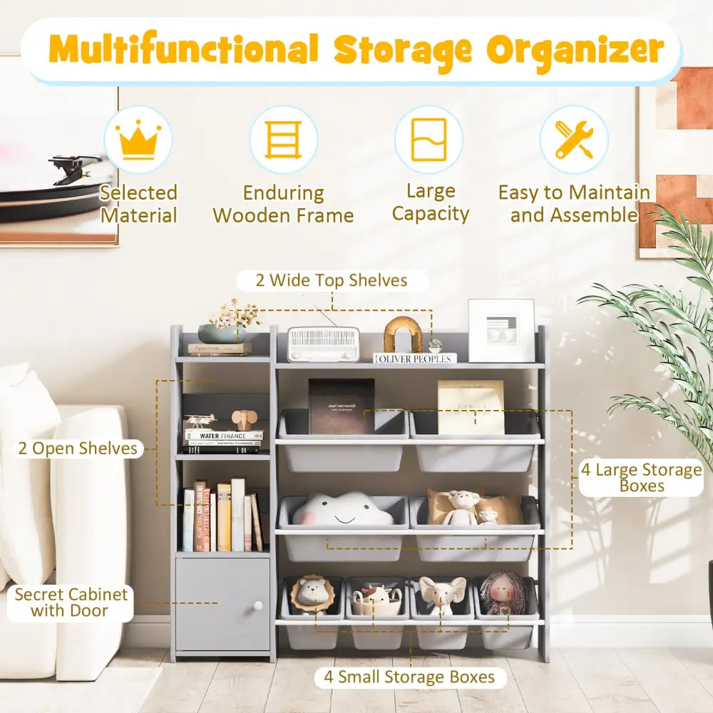 4-Tier Kids Bookshelf and Toy Storage Rack with 8 Toy Organizer Bins-Grey - Gray - Kids Storage