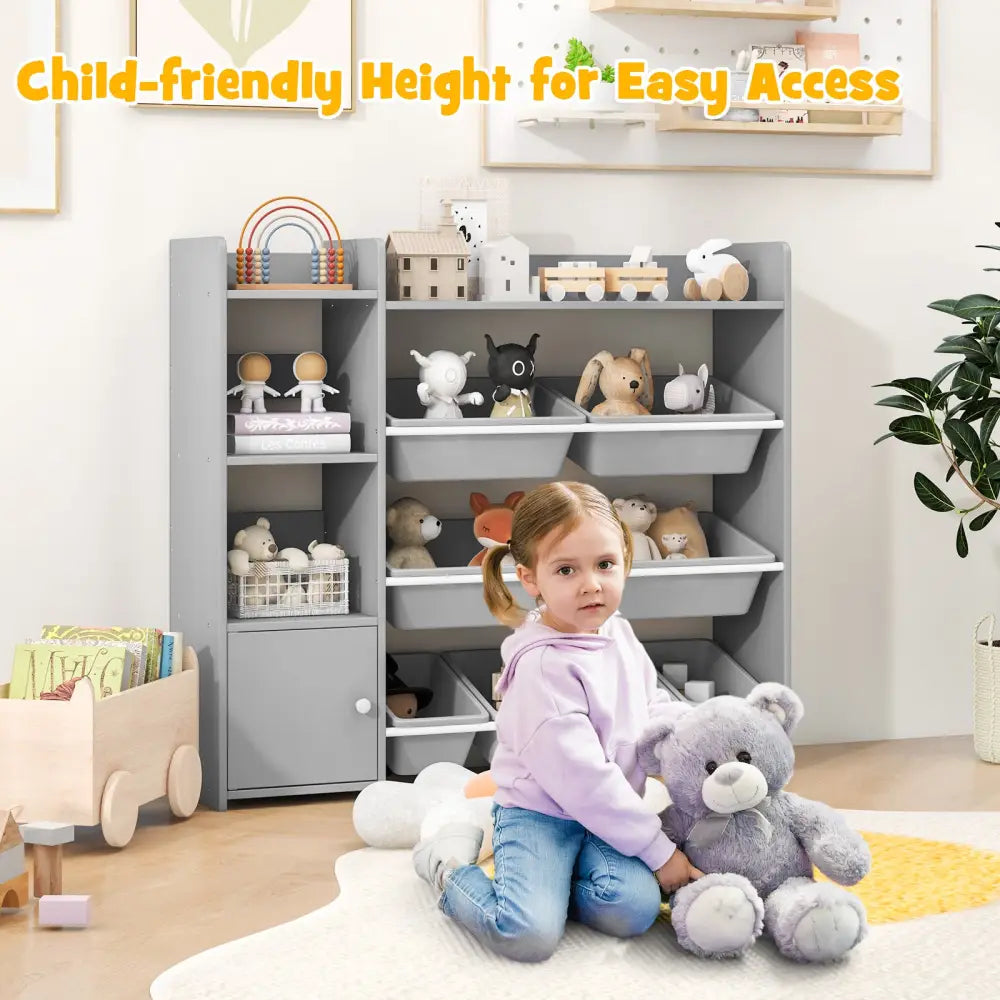 4-Tier Kids Bookshelf and Toy Storage Rack with 8 Toy Organizer Bins-Grey - Gray - Kids Storage
