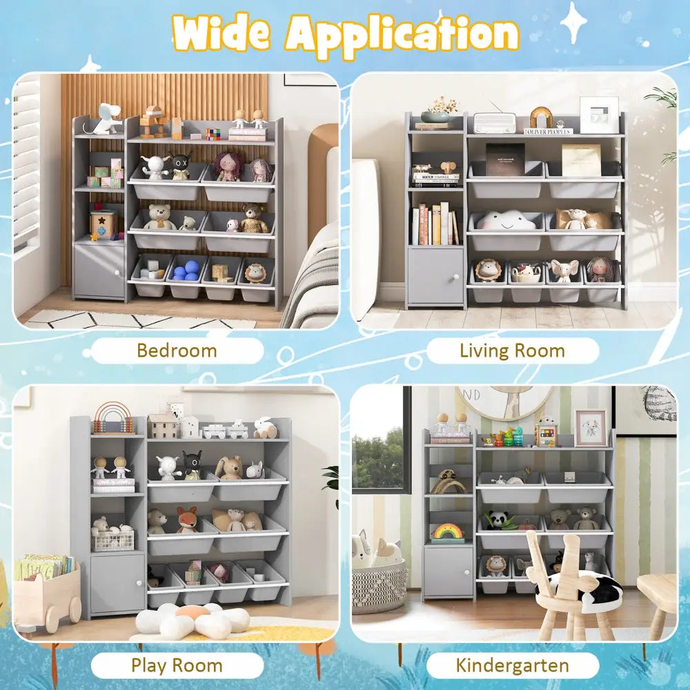 4-Tier Kids Bookshelf and Toy Storage Rack with 8 Toy Organizer Bins-Grey - Gray - Kids Storage