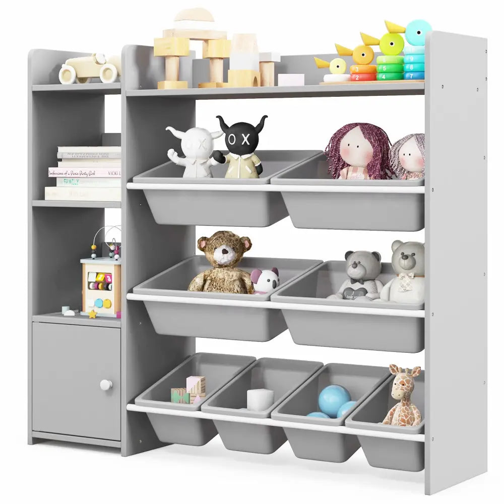 4-Tier Kids Bookshelf and Toy Storage Rack with 8 Toy Organizer Bins-Grey - Gray - Kids Storage