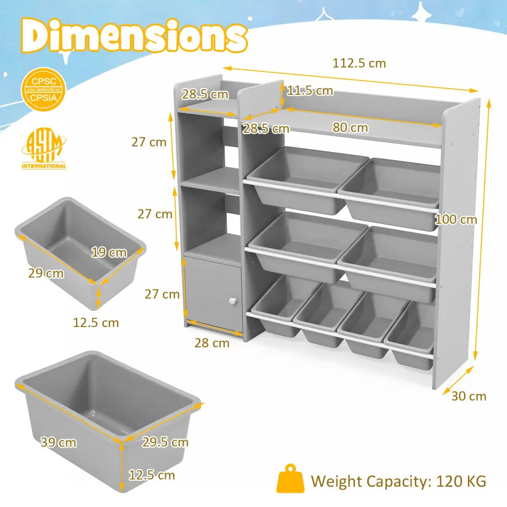 4-Tier Kids Bookshelf and Toy Storage Rack with 8 Toy Organizer Bins-Grey - Gray - Kids Storage
