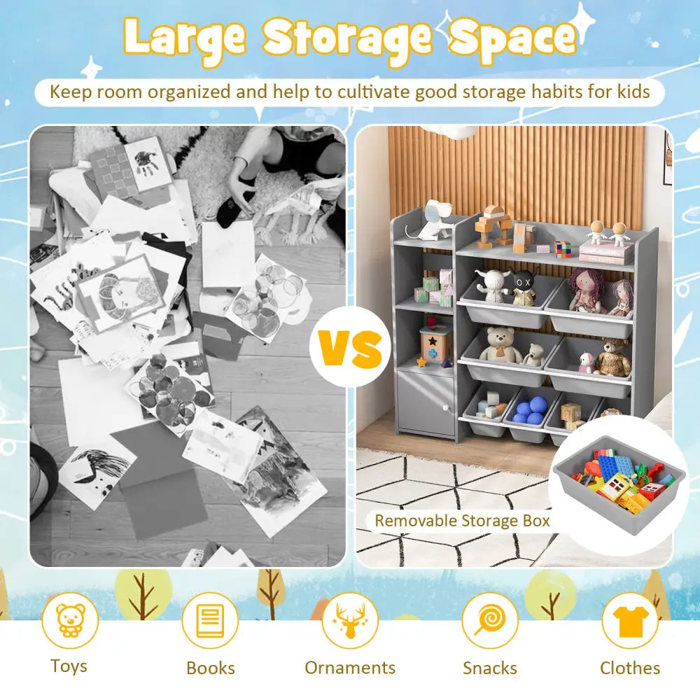4-Tier Kids Bookshelf and Toy Storage Rack with 8 Toy Organizer Bins-Grey - Gray - Kids Storage