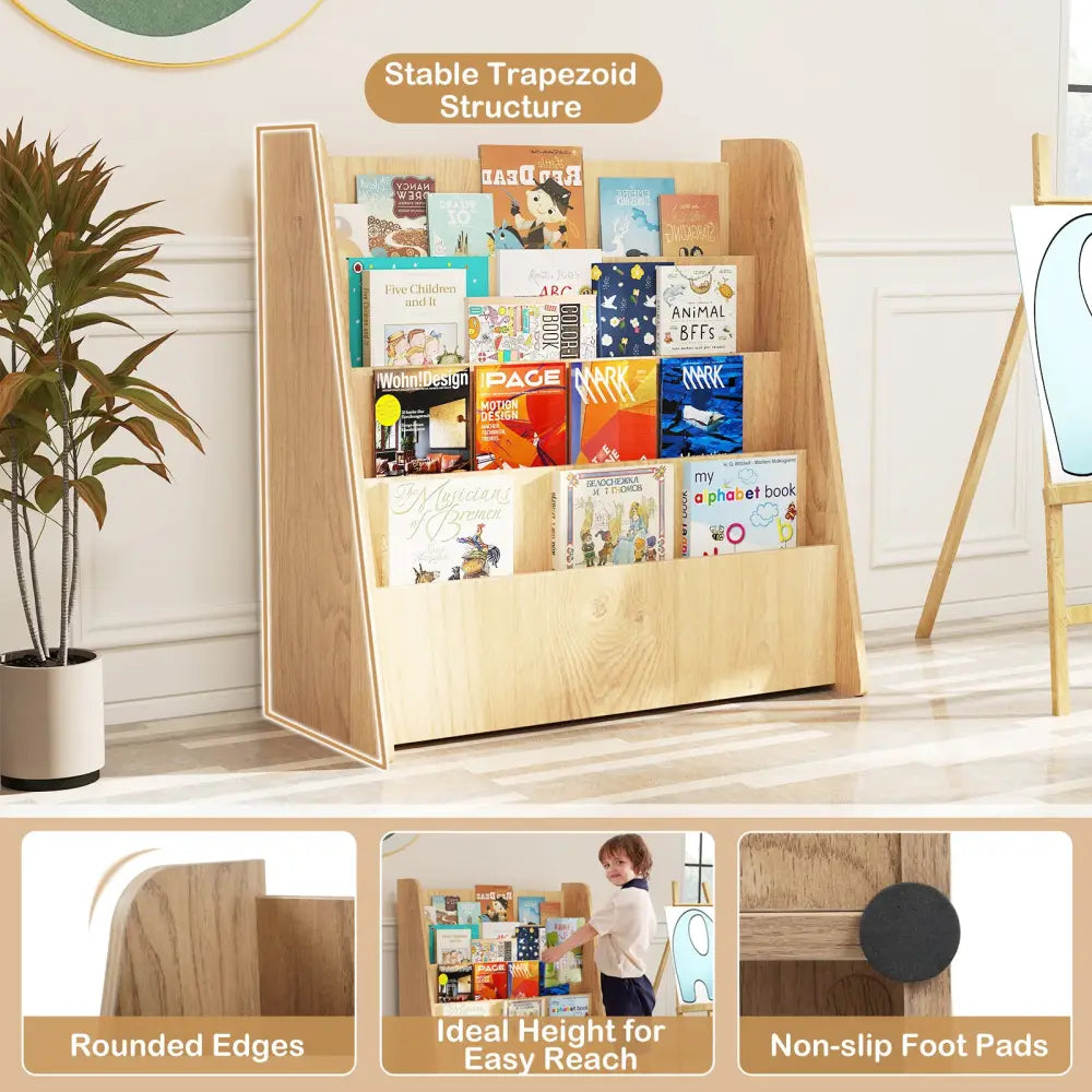 4-Tier Kids Bookshelf with Deep Compartments for Bedroom-Natural - Natural - Kids Storage