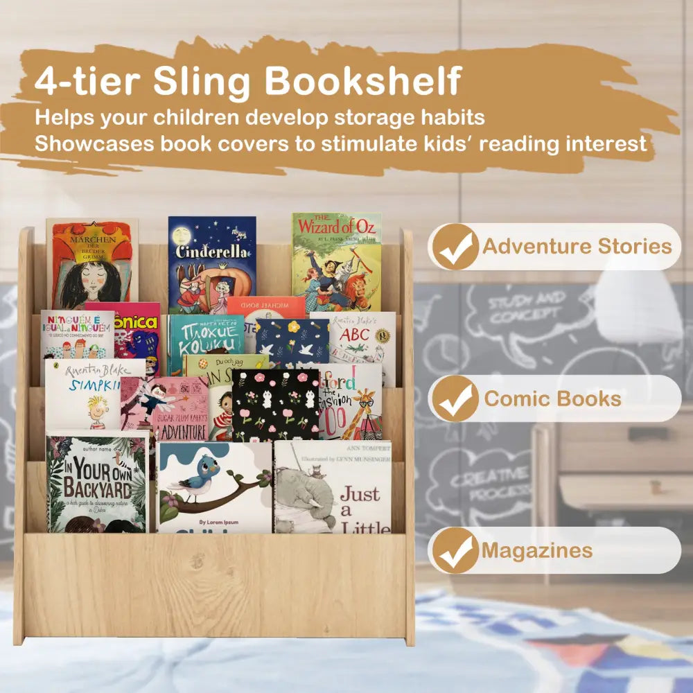 4-Tier Kids Bookshelf with Deep Compartments for Bedroom-Natural - Natural - Kids Storage