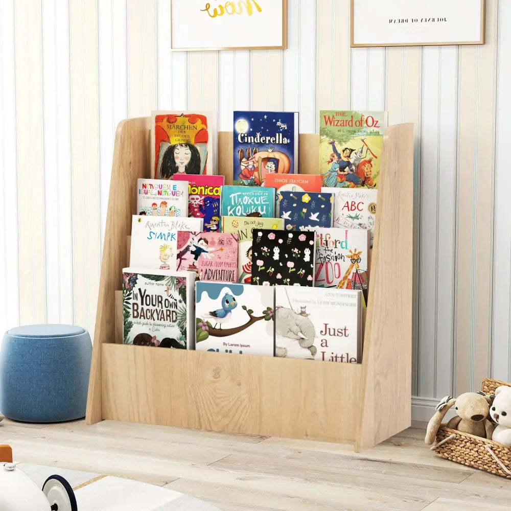 4-Tier Kids Bookshelf with Deep Compartments for Bedroom-Natural - Natural - Kids Storage