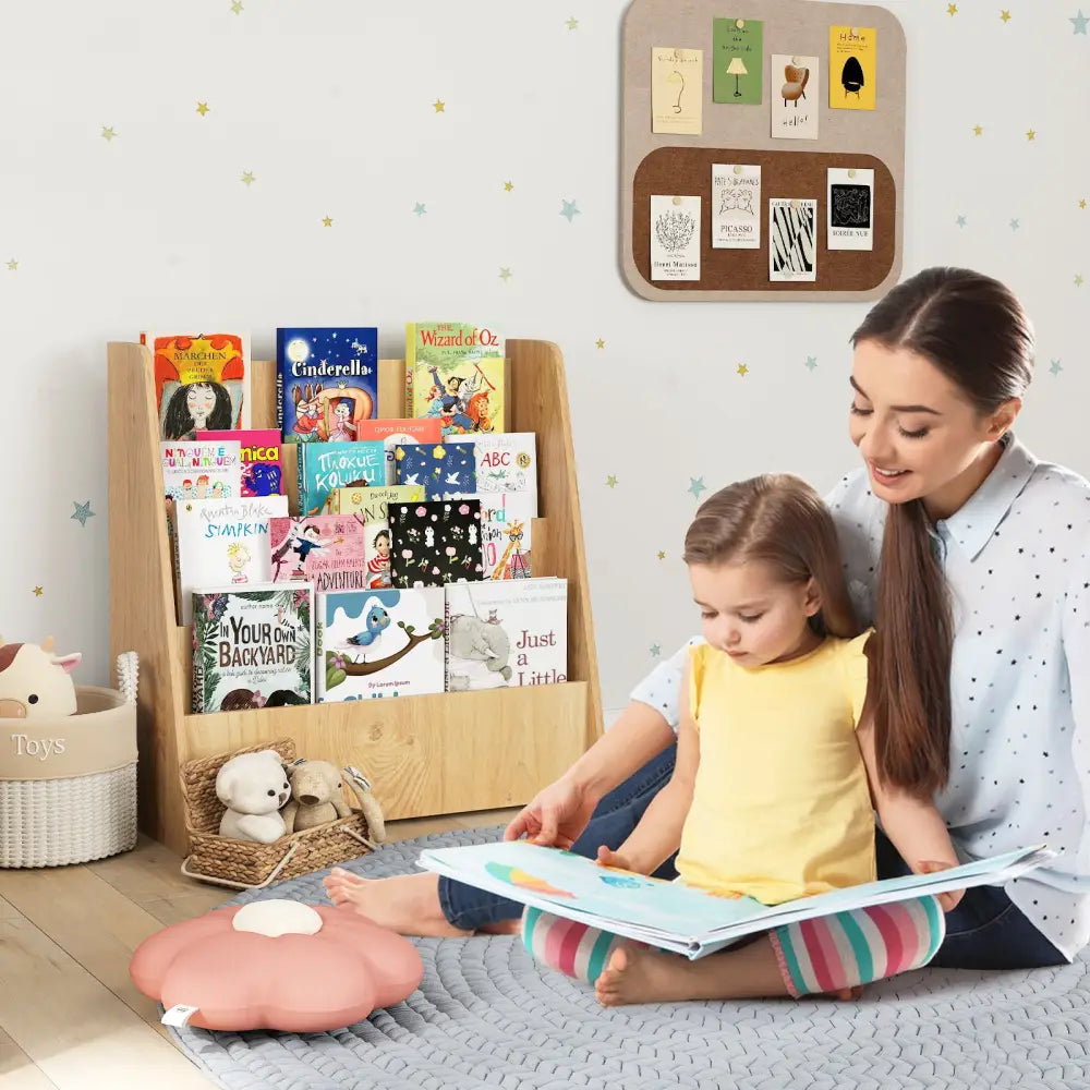 4-Tier Kids Bookshelf with Deep Compartments for Bedroom-Natural - Natural - Kids Storage