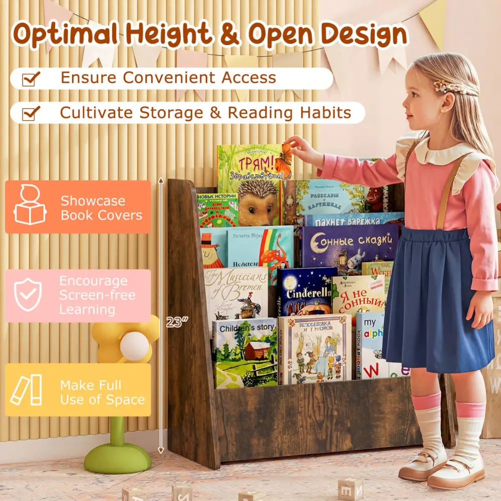 4-Tier Kids Bookshelf with Deep Compartments for Bedroom-Rustic brown - Rustic Brown - Kids Storage