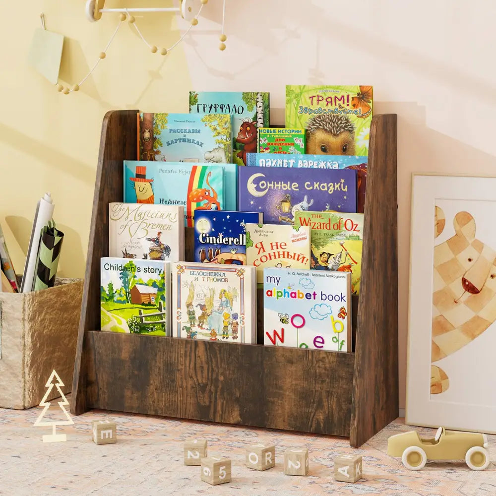 4-Tier Kids Bookshelf with Deep Compartments for Bedroom-Rustic brown - Rustic Brown - Kids Storage