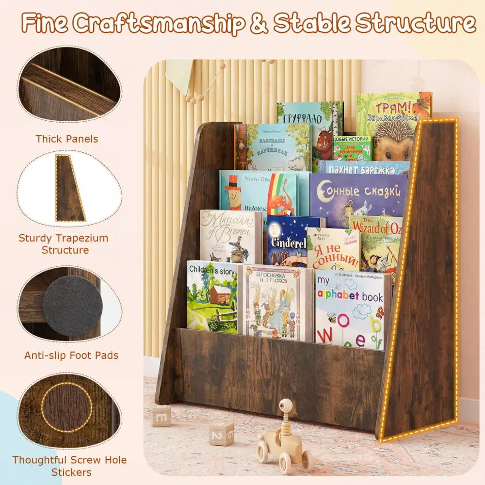 4-Tier Kids Bookshelf with Deep Compartments for Bedroom-Rustic brown - Rustic Brown - Kids Storage