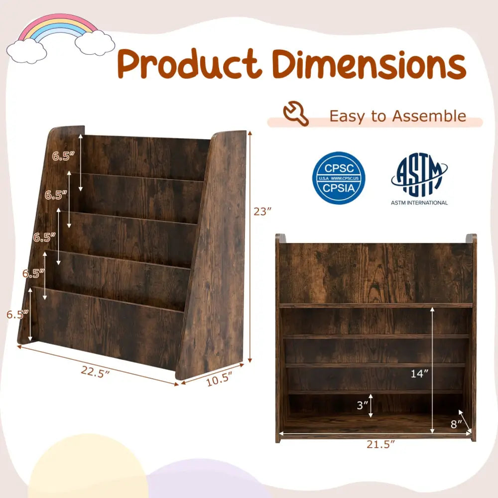 4-Tier Kids Bookshelf with Deep Compartments for Bedroom-Rustic brown - Rustic Brown - Kids Storage