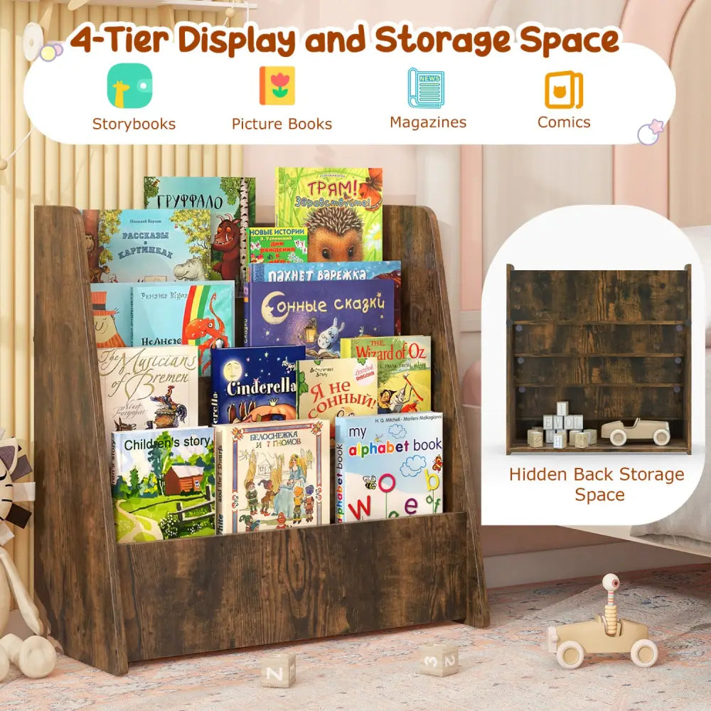 4-Tier Kids Bookshelf with Deep Compartments for Bedroom-Rustic brown - Rustic Brown - Kids Storage