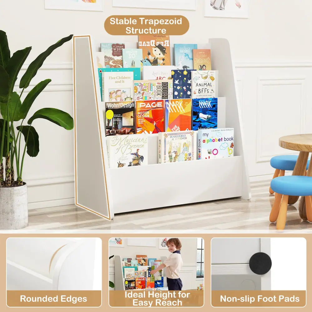 4-Tier Kids Bookshelf with Deep Compartments for Bedroom-White - White - Kids Storage