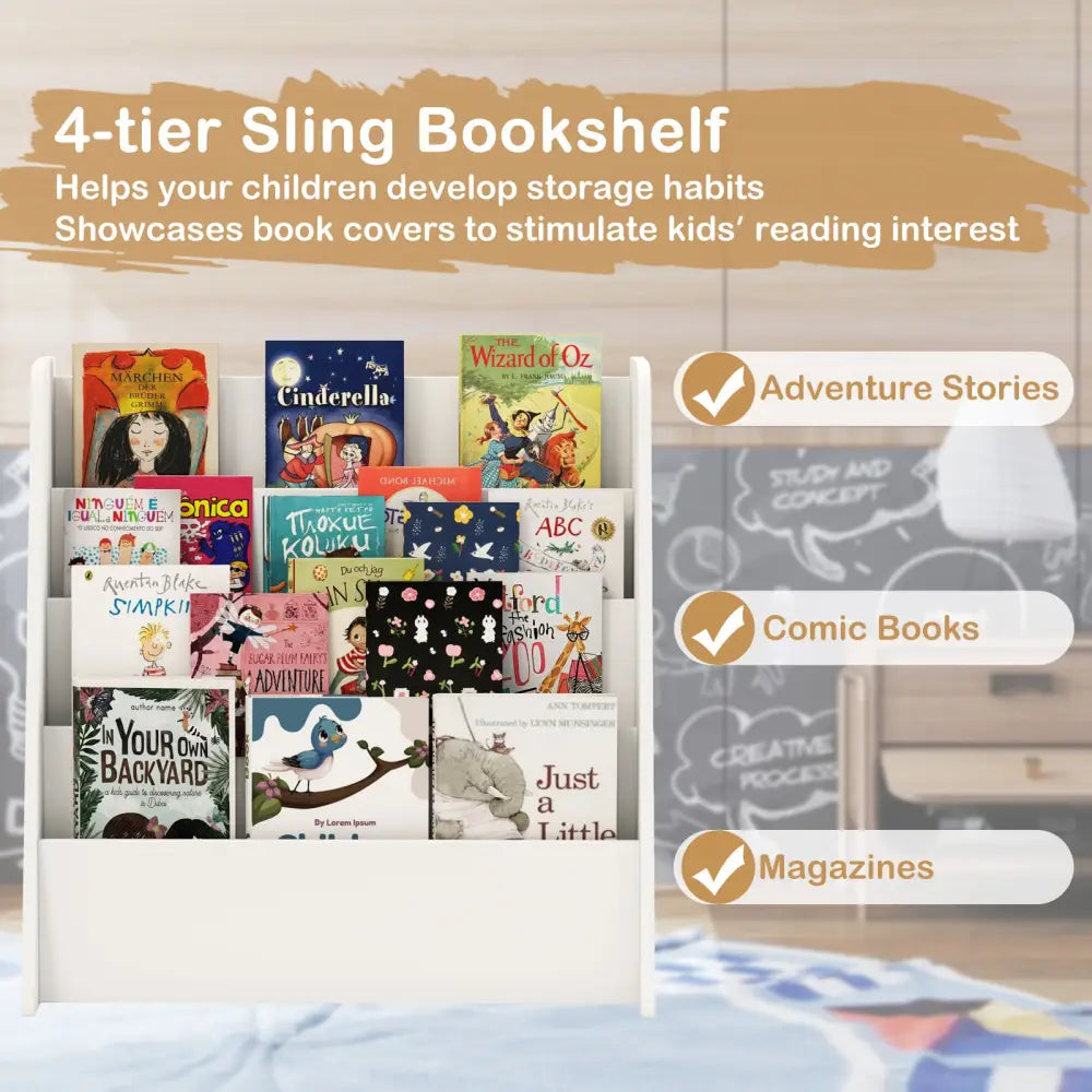 4-Tier Kids Bookshelf with Deep Compartments for Bedroom-White - White - Kids Storage