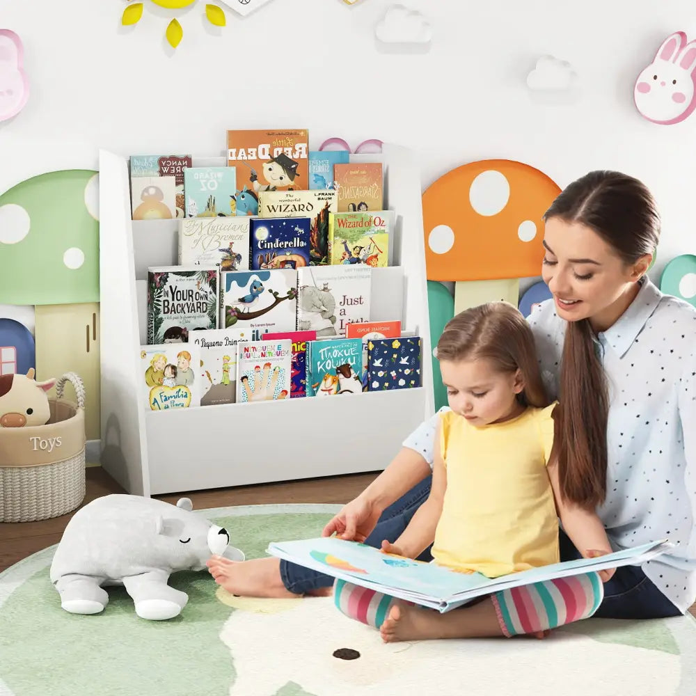 4-Tier Kids Bookshelf with Deep Compartments for Bedroom-White - White - Kids Storage
