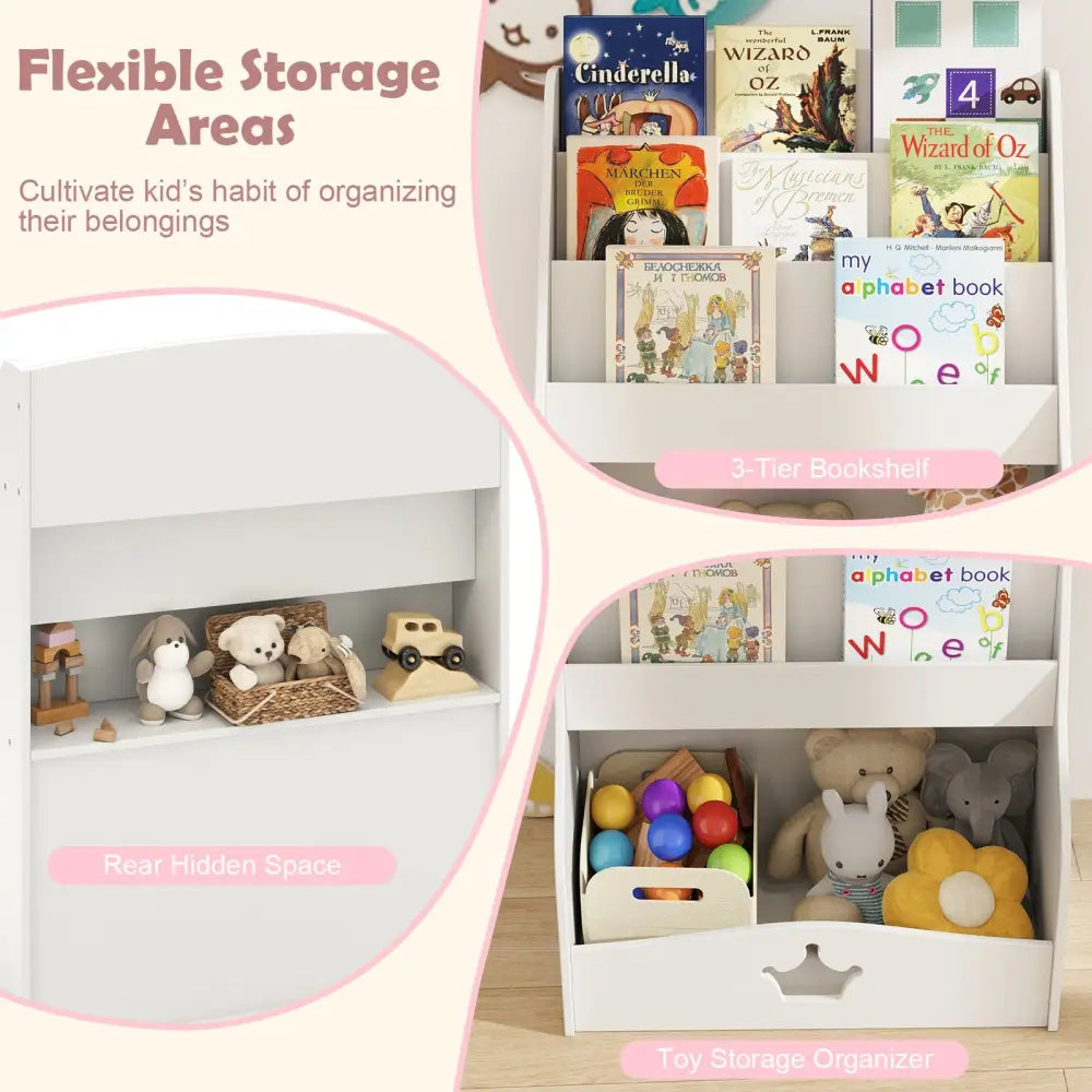 4-Tier Kids Bookshelf with Shelves and Compartment for Toddlers-White - White - Kids Storage