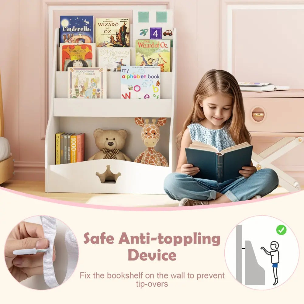 4-Tier Kids Bookshelf with Shelves and Compartment for Toddlers-White - White - Kids Storage