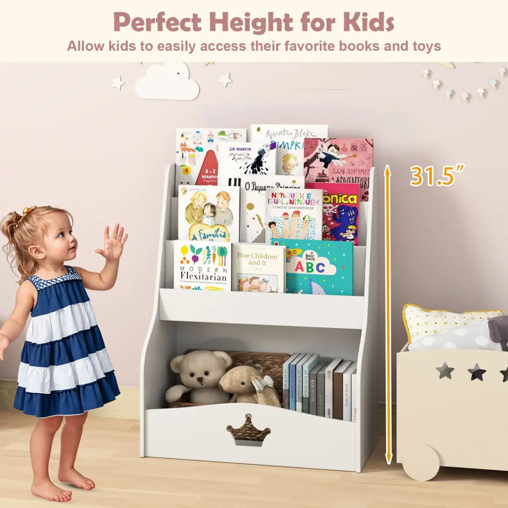 4-Tier Kids Bookshelf with Shelves and Compartment for Toddlers-White - White - Kids Storage