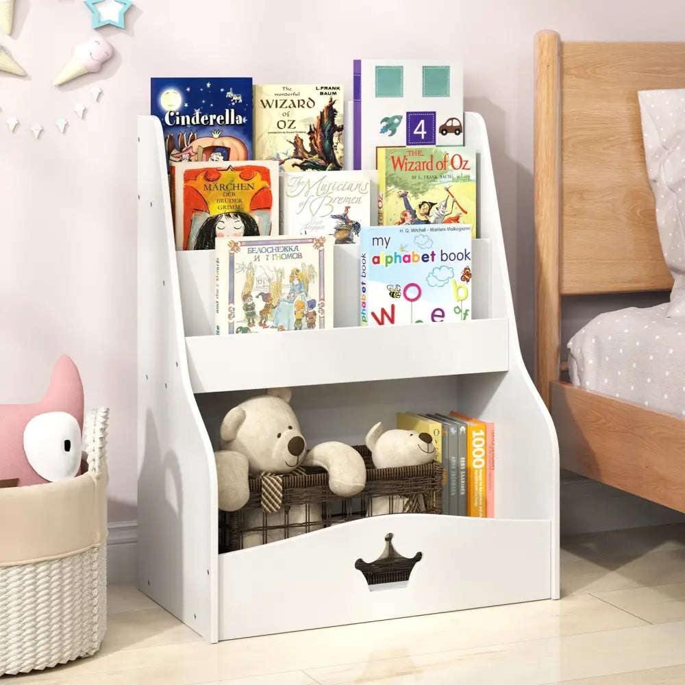 4-Tier Kids Bookshelf with Shelves and Compartment for Toddlers-White - White - Kids Storage