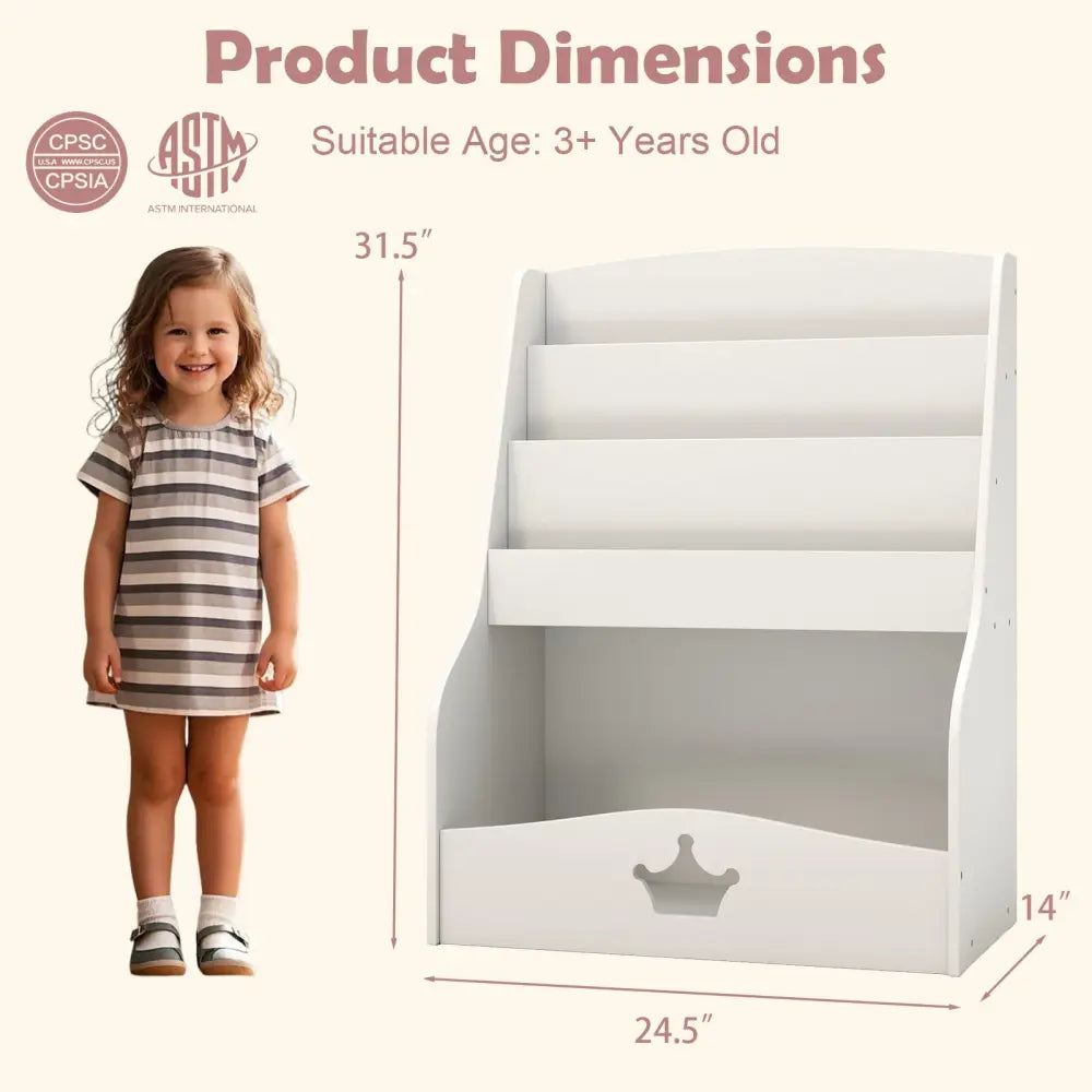 4-Tier Kids Bookshelf with Shelves and Compartment for Toddlers-White - White - Kids Storage