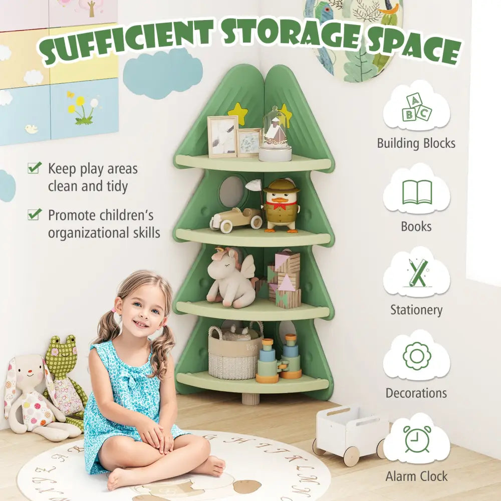 4-Tier Kids Corner Bookshelf Baby Display Shelf for Kids Room-Green - Green - Kids Storage