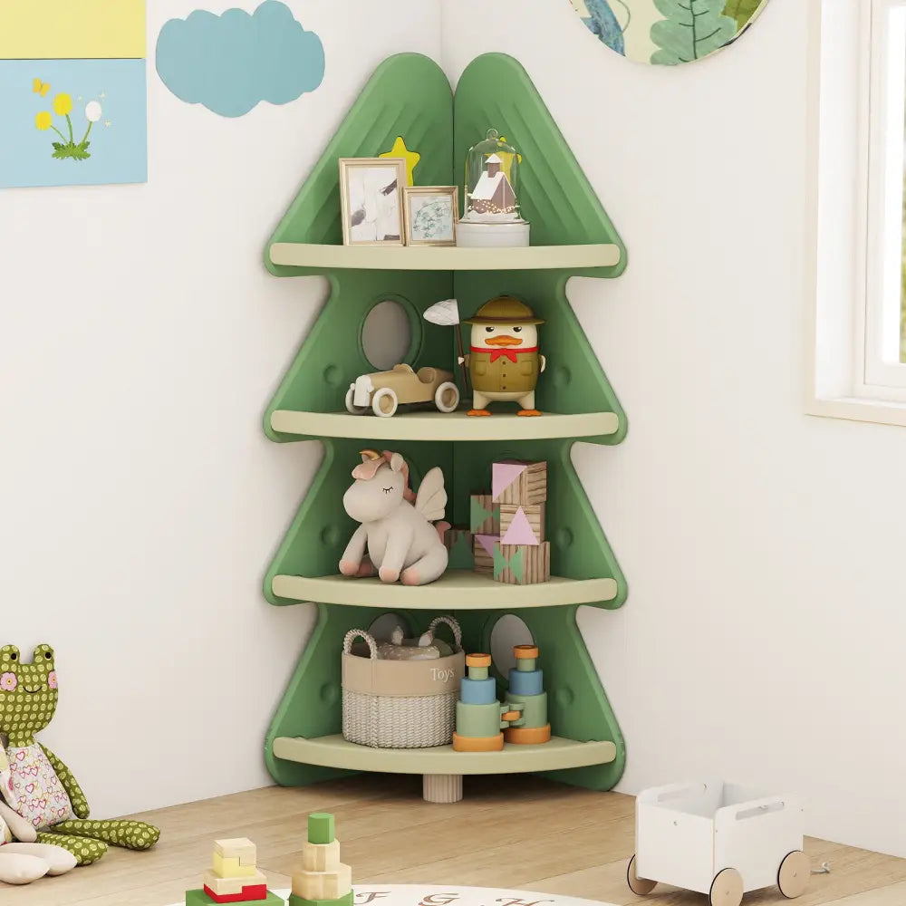 4-Tier Kids Corner Bookshelf Baby Display Shelf for Kids Room-Green - Green - Kids Storage