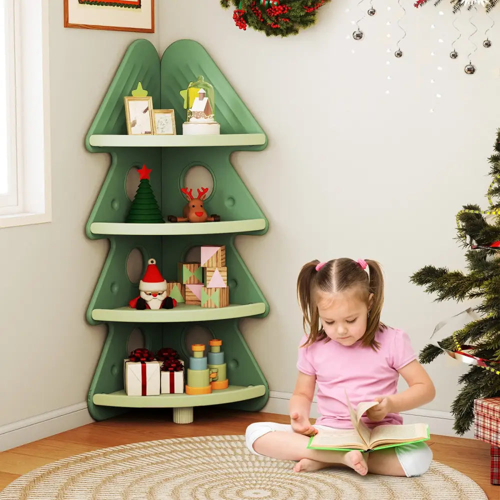 4-Tier Kids Corner Bookshelf Baby Display Shelf for Kids Room-Green - Green - Kids Storage