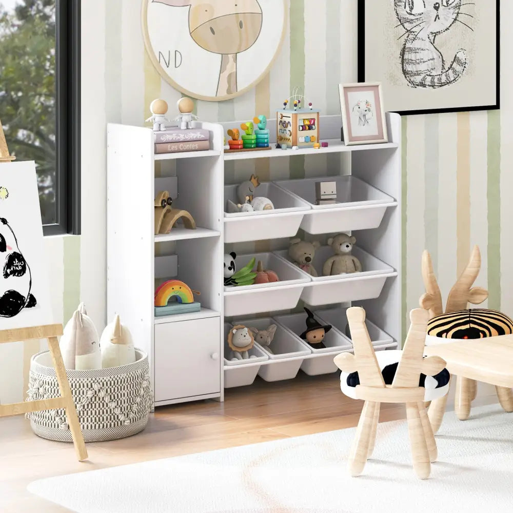 4-Tier Kids Toy Storage Organizer Bookshelf and Toy Storage Rack with Door-White - White - Kids Storage