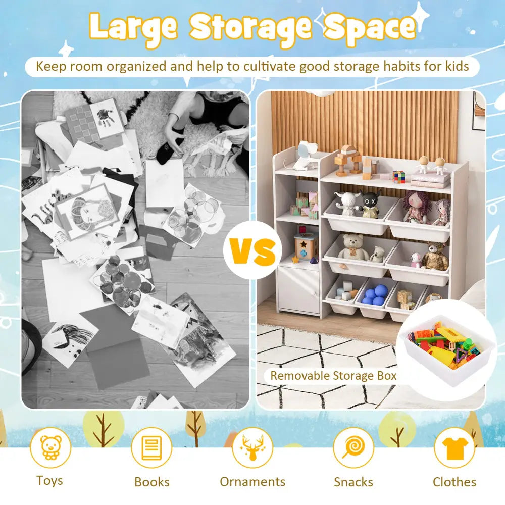 4-Tier Kids Toy Storage Organizer Bookshelf and Toy Storage Rack with Door-White - White - Kids Storage