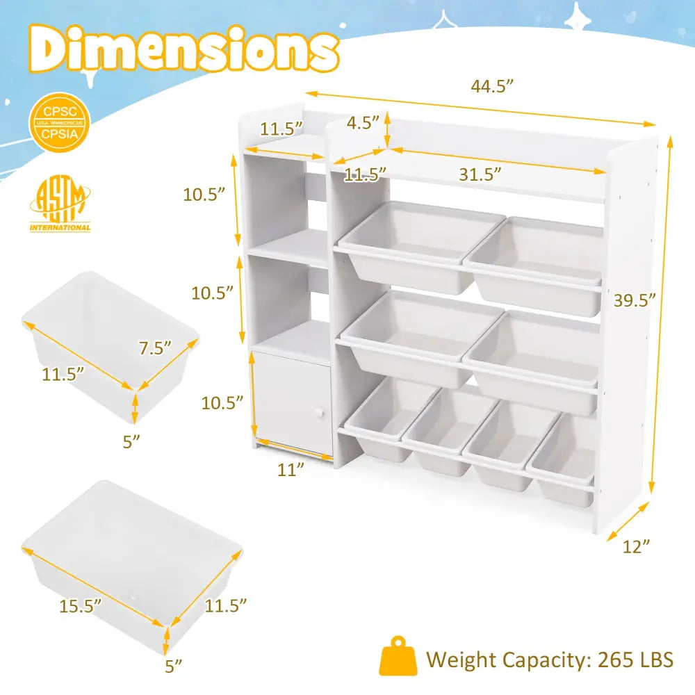 4-Tier Kids Toy Storage Organizer Bookshelf and Toy Storage Rack with Door-White - White - Kids Storage