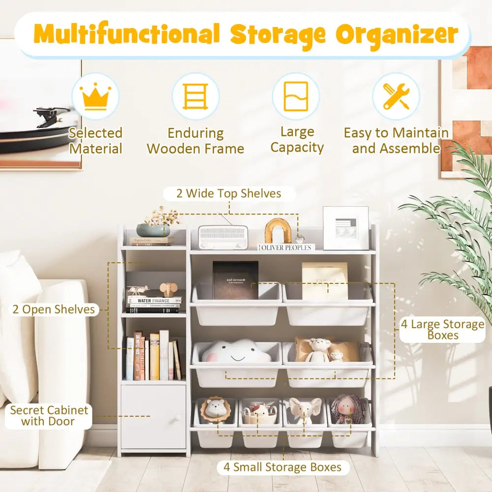 4-Tier Kids Toy Storage Organizer Bookshelf and Toy Storage Rack with Door-White - White - Kids Storage