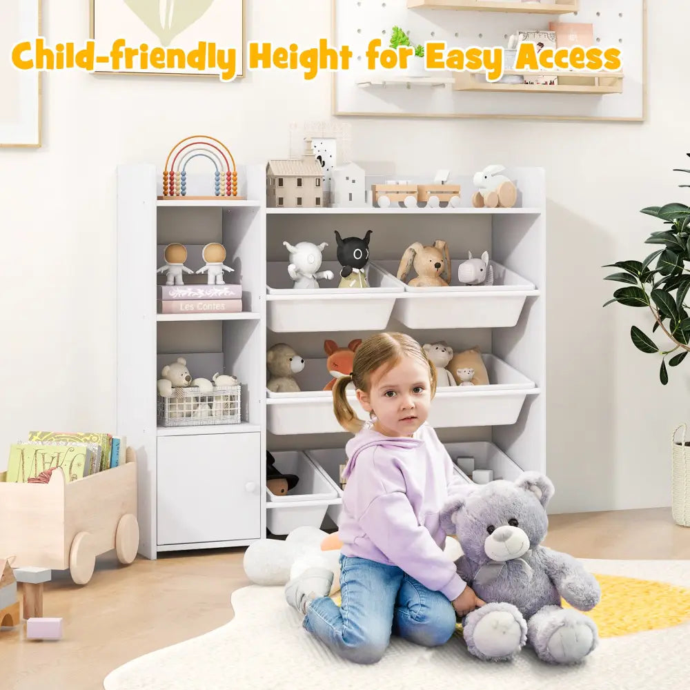 4-Tier Kids Toy Storage Organizer Bookshelf and Toy Storage Rack with Door-White - White - Kids Storage