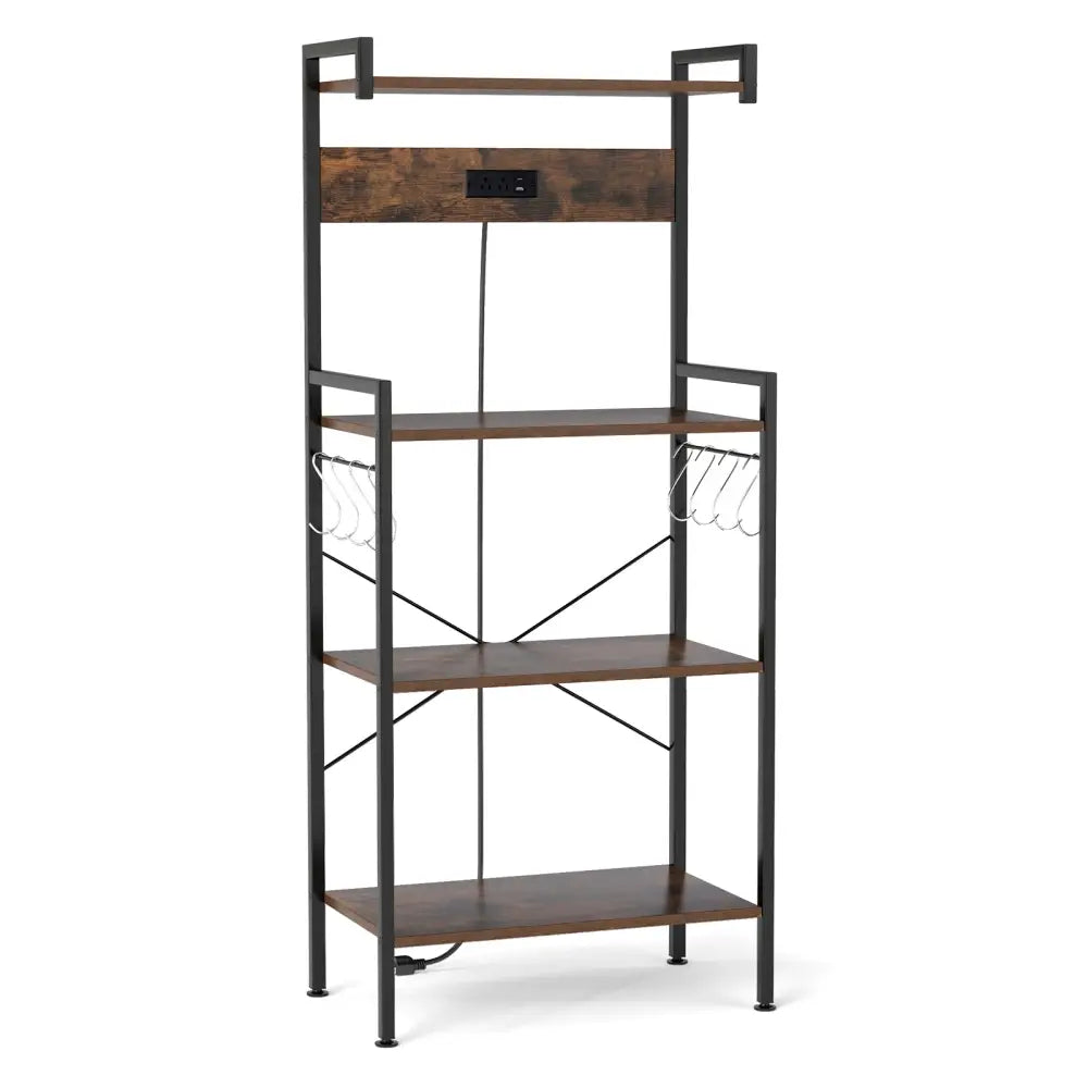 4-Tier Kitchen Bakers Rack with Power Outlet and 8 Hooks-Rustic Brown - Rustic Brown - Baker’s Racks