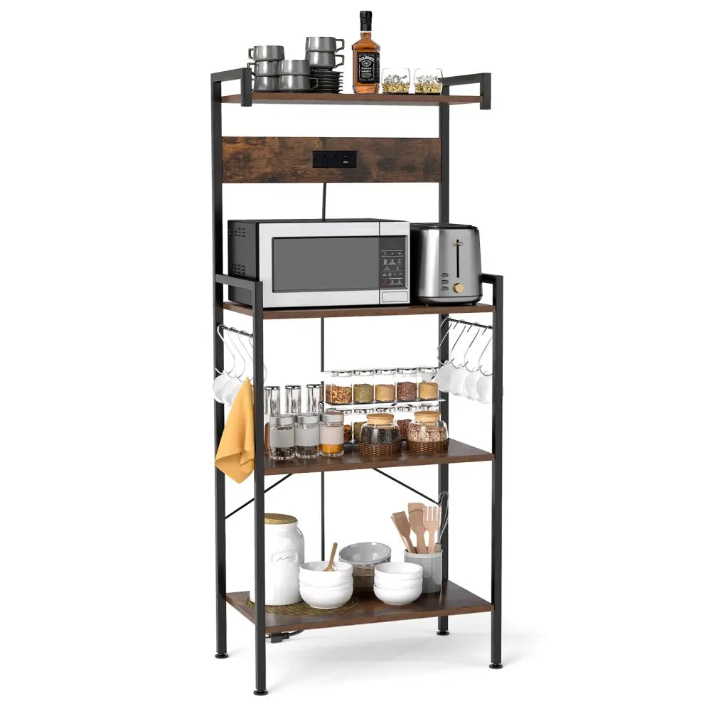 4-Tier Kitchen Bakers Rack with Power Outlet and 8 Hooks-Rustic Brown - Rustic Brown - Baker’s Racks