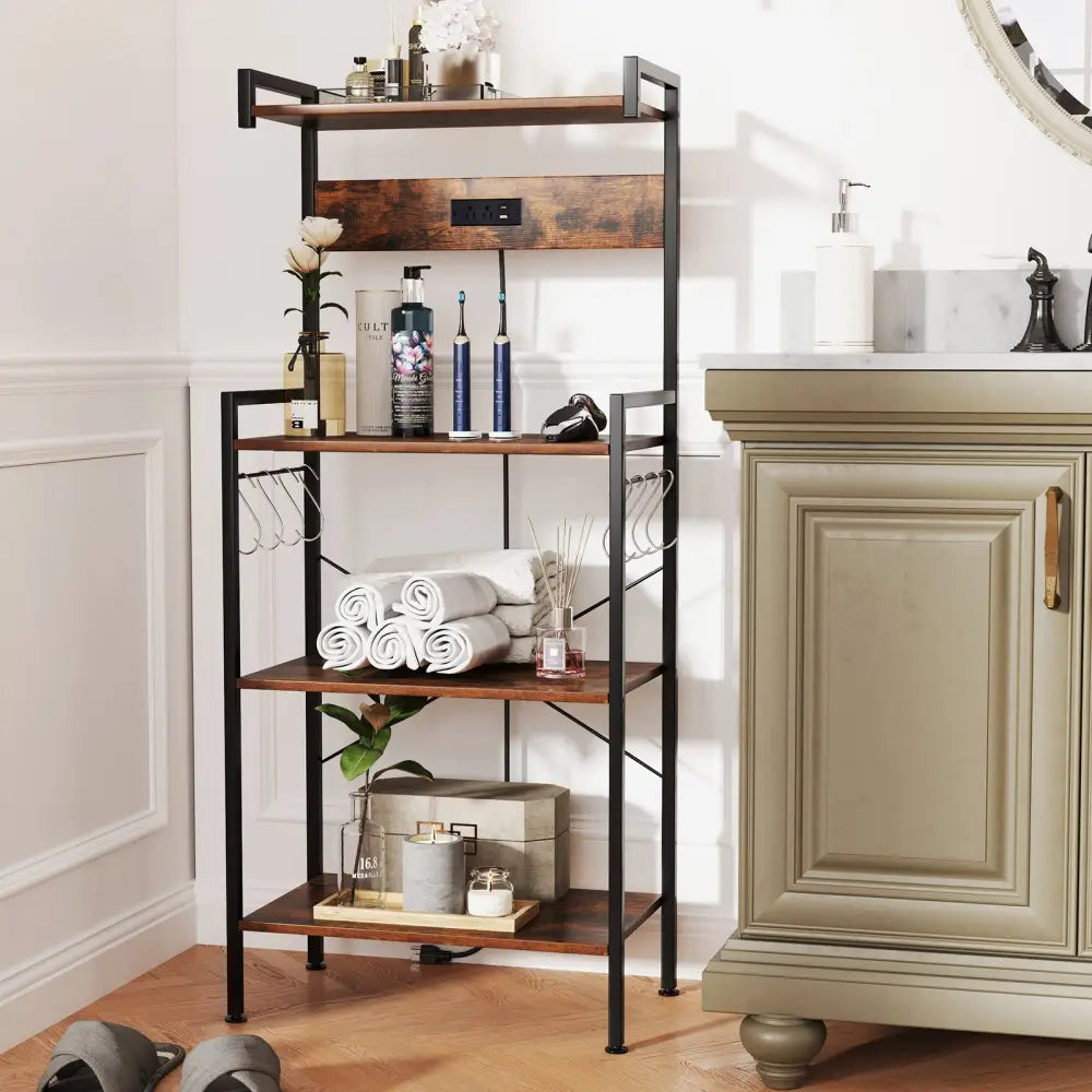 4-Tier Kitchen Bakers Rack with Power Outlet and 8 Hooks-Rustic Brown - Rustic Brown - Baker’s Racks