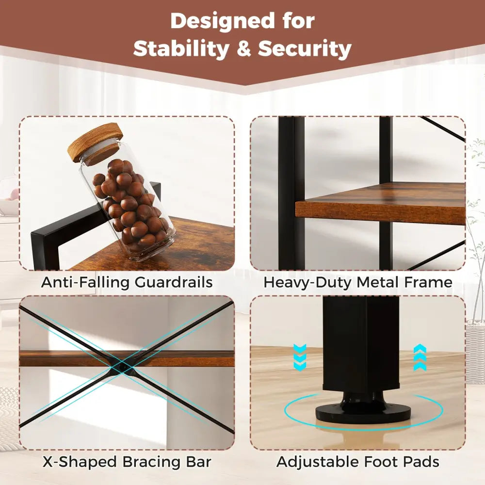 4-Tier Kitchen Bakers Rack with Power Outlet and 8 Hooks-Rustic Brown - Rustic Brown - Baker’s Racks