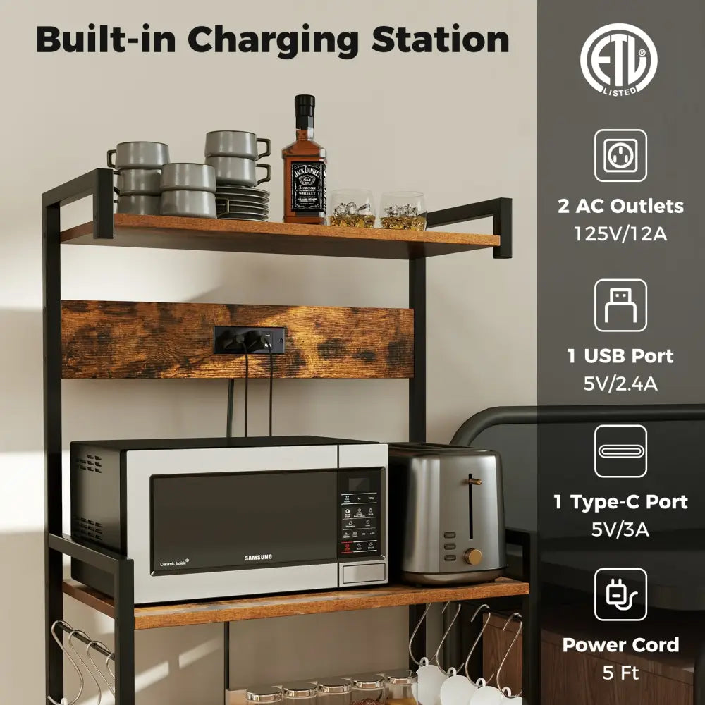 4-Tier Kitchen Bakers Rack with Power Outlet and 8 Hooks-Rustic Brown - Rustic Brown - Baker’s Racks