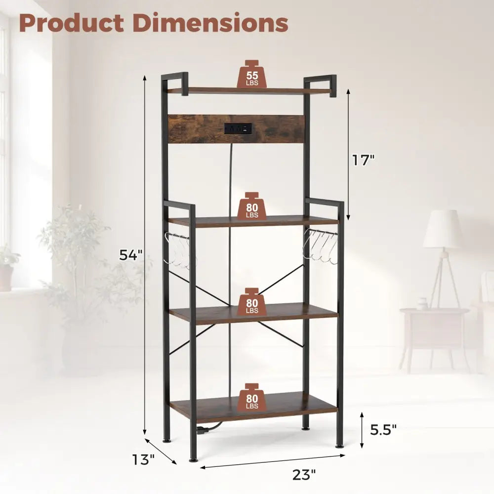4-Tier Kitchen Bakers Rack with Power Outlet and 8 Hooks-Rustic Brown - Rustic Brown - Baker’s Racks