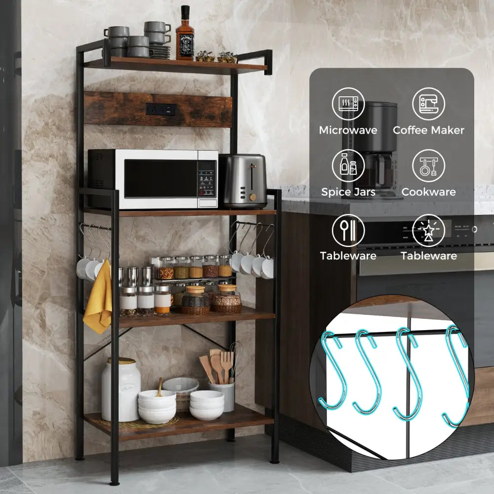 4-Tier Kitchen Bakers Rack with Power Outlet and 8 Hooks-Rustic Brown - Rustic Brown - Baker’s Racks