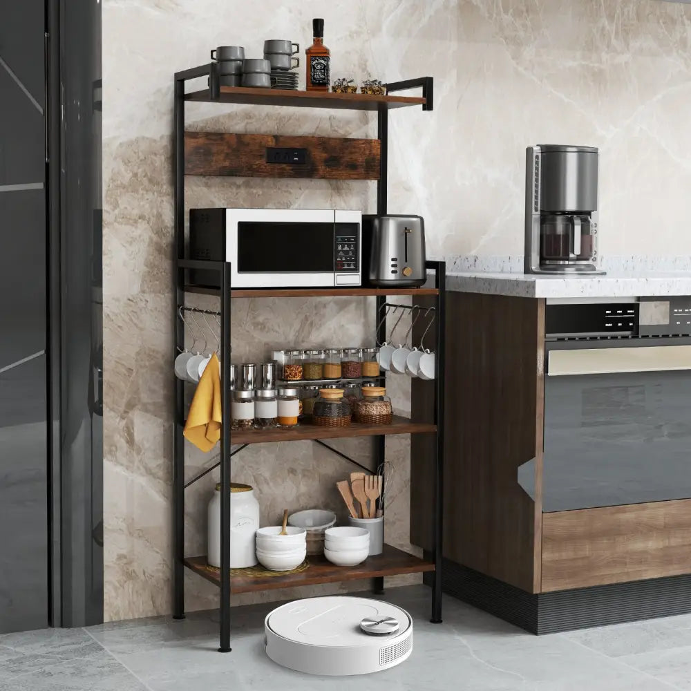 4-Tier Kitchen Bakers Rack with Power Outlet and 8 Hooks-Rustic Brown - Rustic Brown - Baker’s Racks