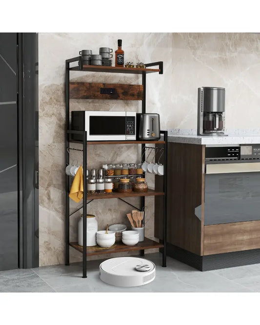 4-Tier Kitchen Bakers Rack with Power Outlet and 8 Hooks-Rustic Brown - Rustic Brown - Baker’s Racks