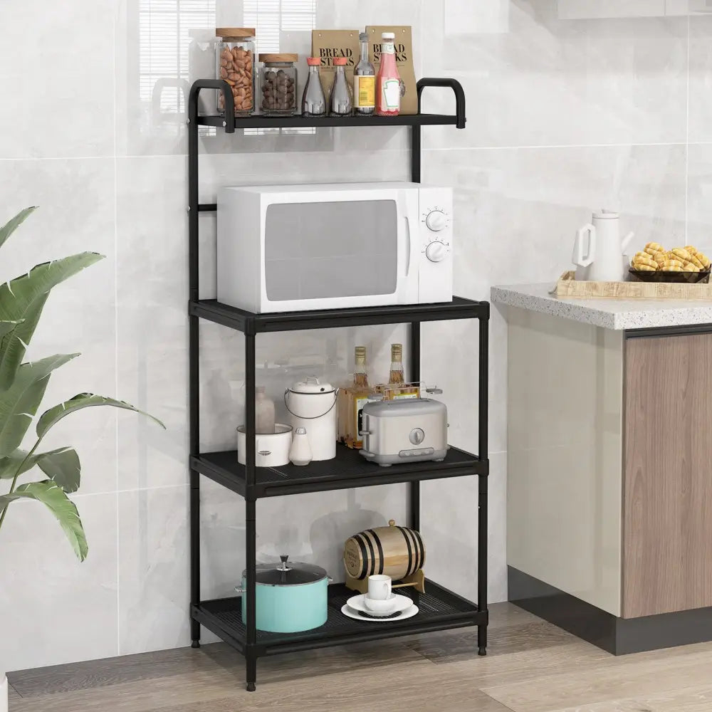 4-Tier Kitchen Microwave Storage Rack with Metal Shelves-Black - Black - Baker’s Racks