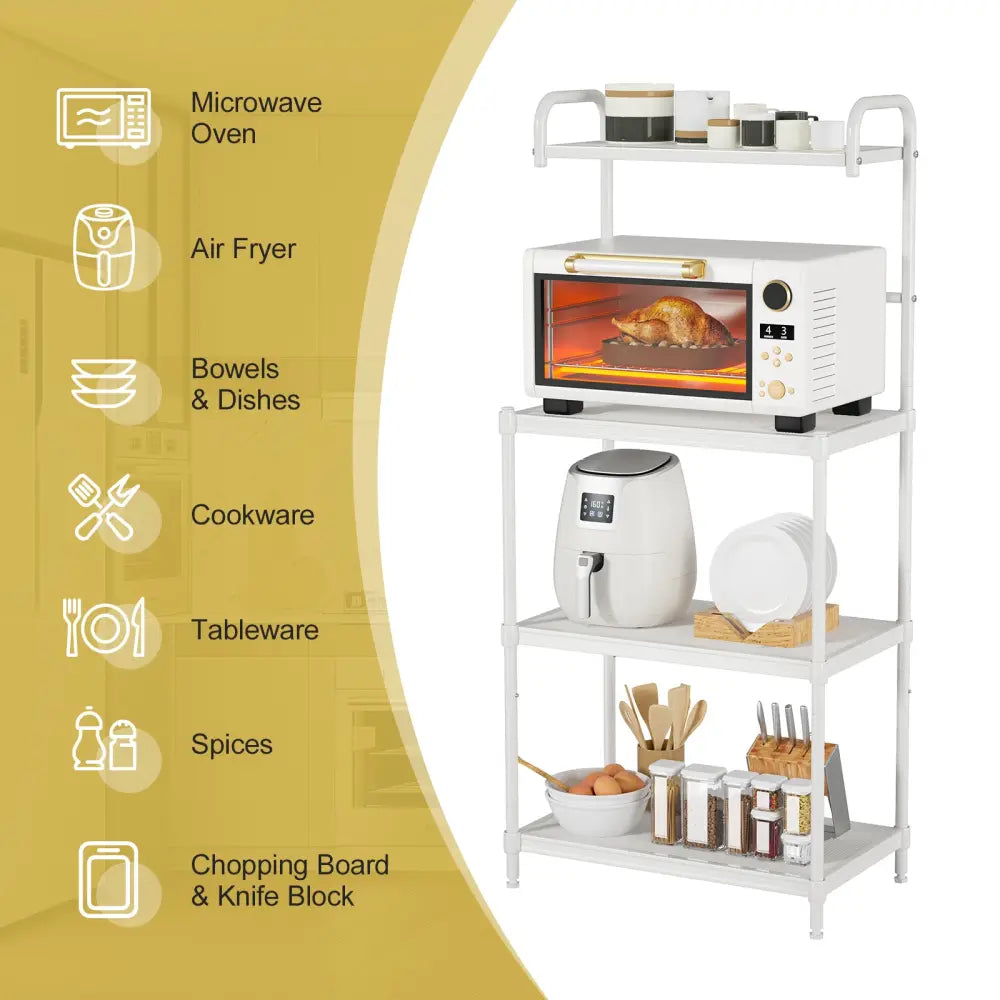 4-Tier Kitchen Storage Baker Microwave Oven Rack Shelves-White - White - Baker’s Racks