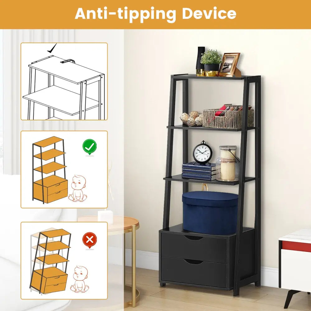 4-Tier Ladder Bookshelf Storage Display with 2 Drawers - Black - Bookcases