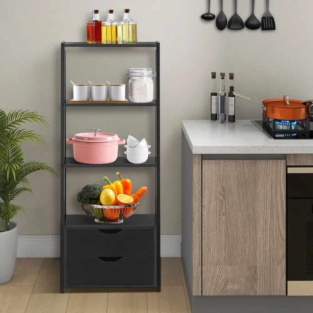 4-Tier Ladder Bookshelf Storage Display with 2 Drawers - Black - Bookcases