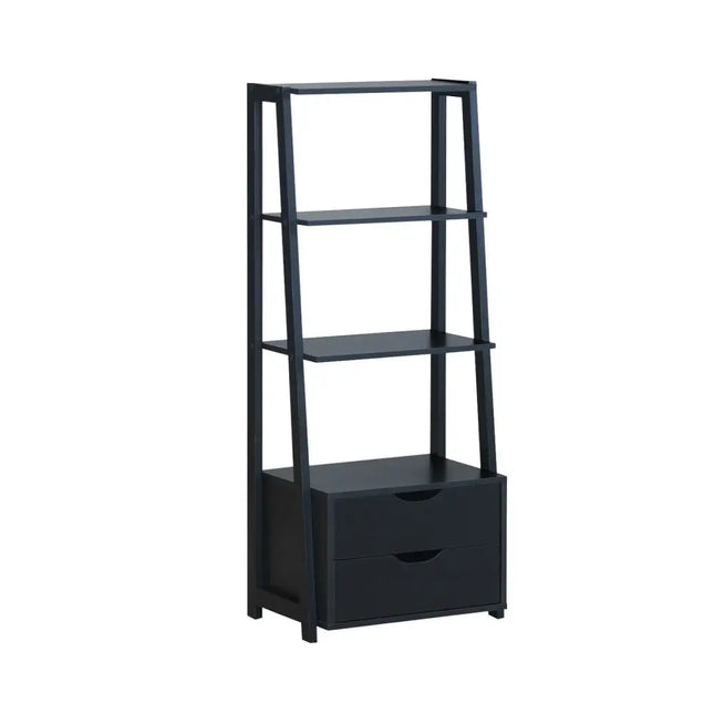 4-Tier Ladder Bookshelf Storage Display with 2 Drawers - Black - Bookcases
