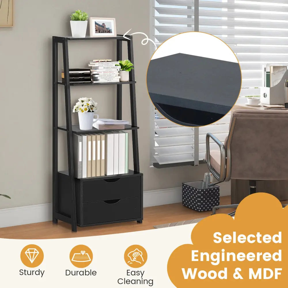 4-Tier Ladder Bookshelf Storage Display with 2 Drawers - Black - Bookcases