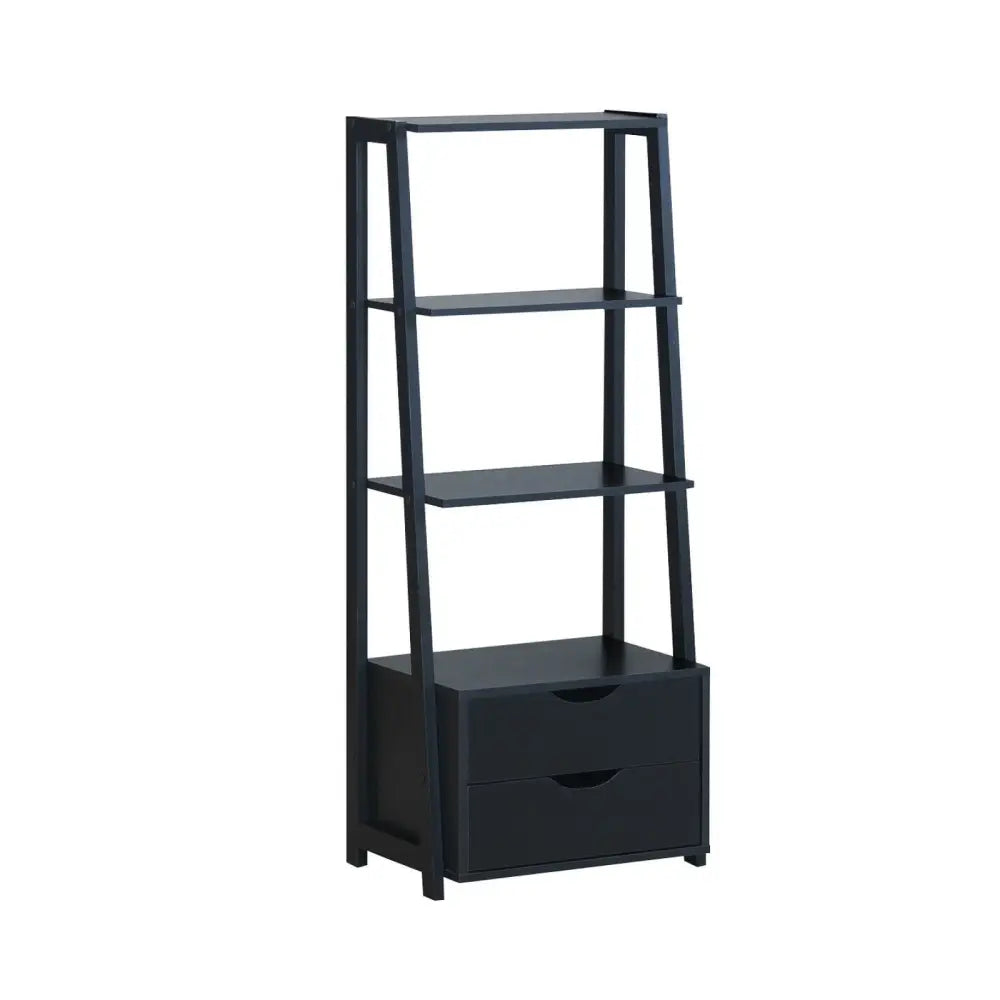 4-Tier Ladder Bookshelf Storage Display with 2 Drawers - Black - Bookcases