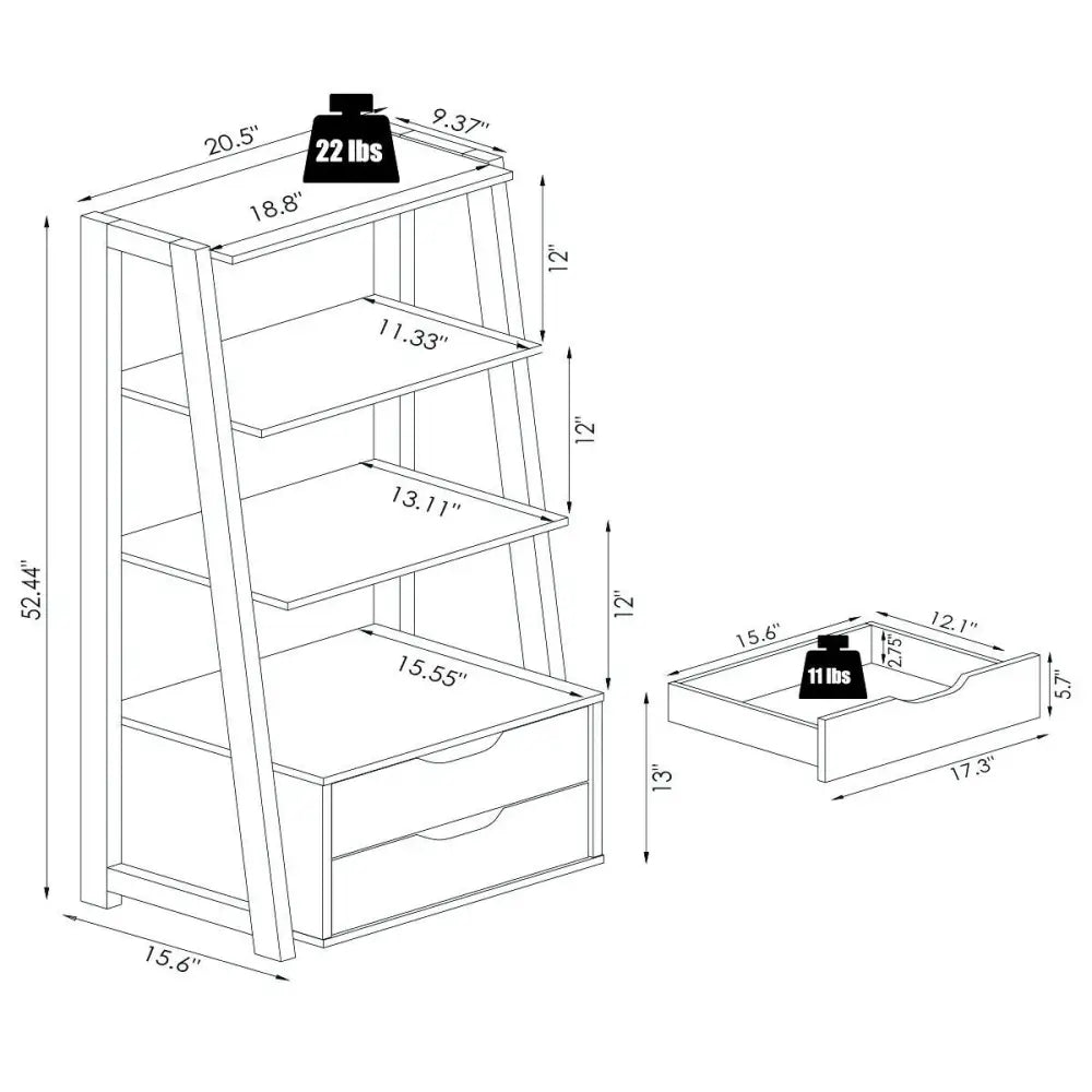 4-Tier Ladder Bookshelf Storage Display with 2 Drawers - Black - Bookcases