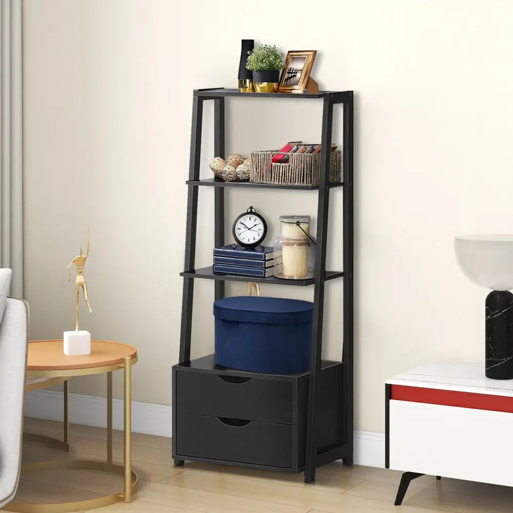 4-Tier Ladder Bookshelf Storage Display with 2 Drawers - Black - Bookcases