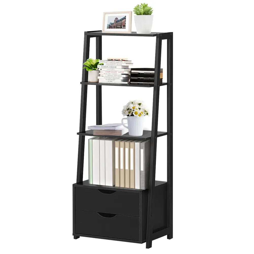 4-Tier Ladder Bookshelf Storage Display with 2 Drawers - Black - Bookcases